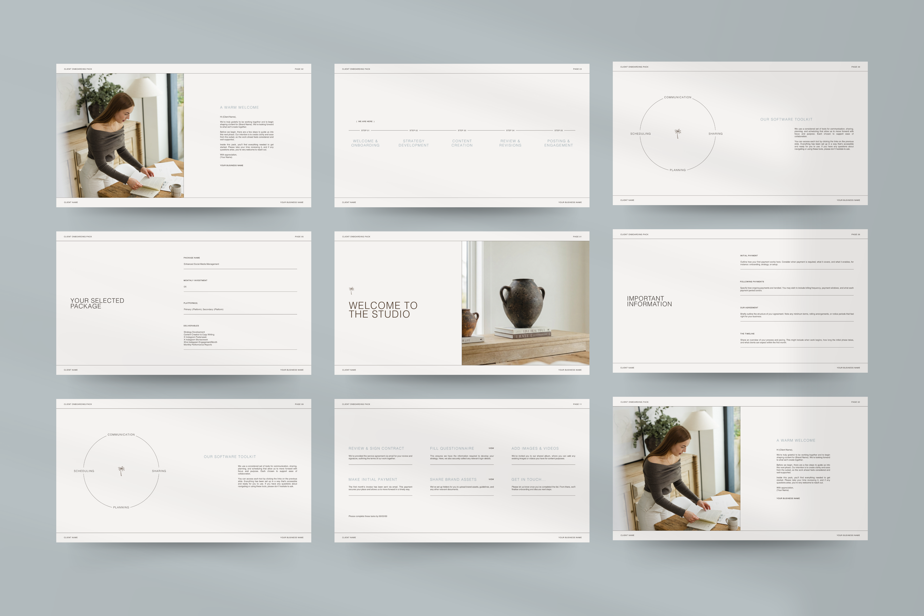 Social Media Manager template designed in Canva, including Strategy, Portfolio, and Instagram Report layouts for SMM Clients.