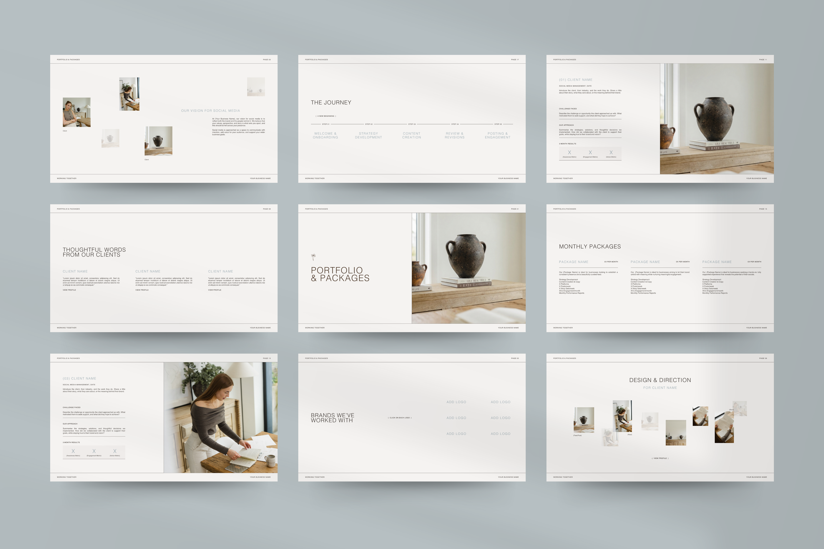 Social Media Manager template designed in Canva, including Strategy, Portfolio, and Instagram Report layouts for SMM Clients