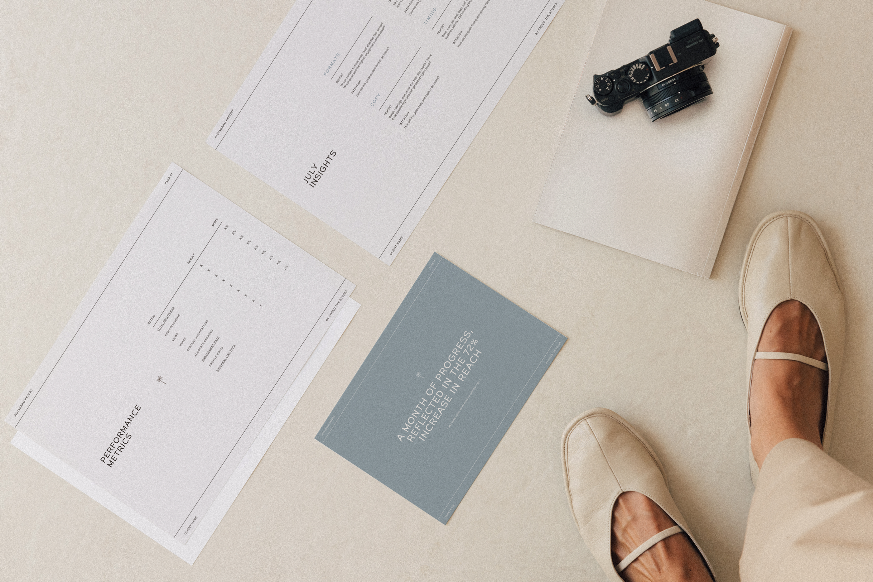 Social Media Manager template designed in Canva, including Strategy, Portfolio, and Instagram Report layouts for SMM Clients.