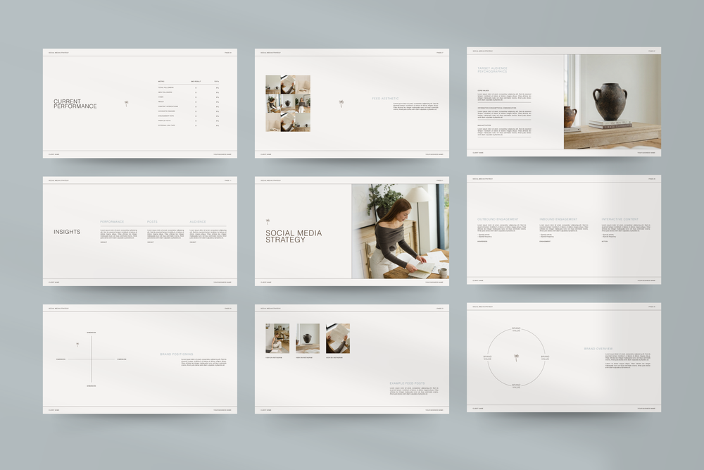 Social Media Manager template designed in Canva, including Strategy, Portfolio, and Instagram Report layouts for SMM Clients