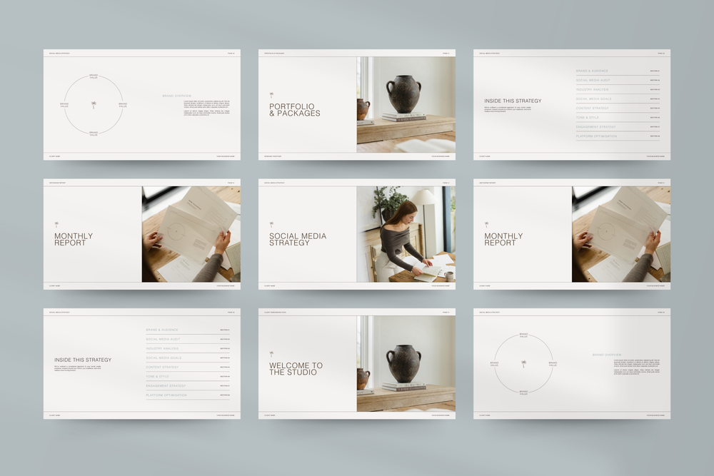 Social Media Manager template designed in Canva, including Strategy, Portfolio, and Instagram Report layouts for SMM Clients.