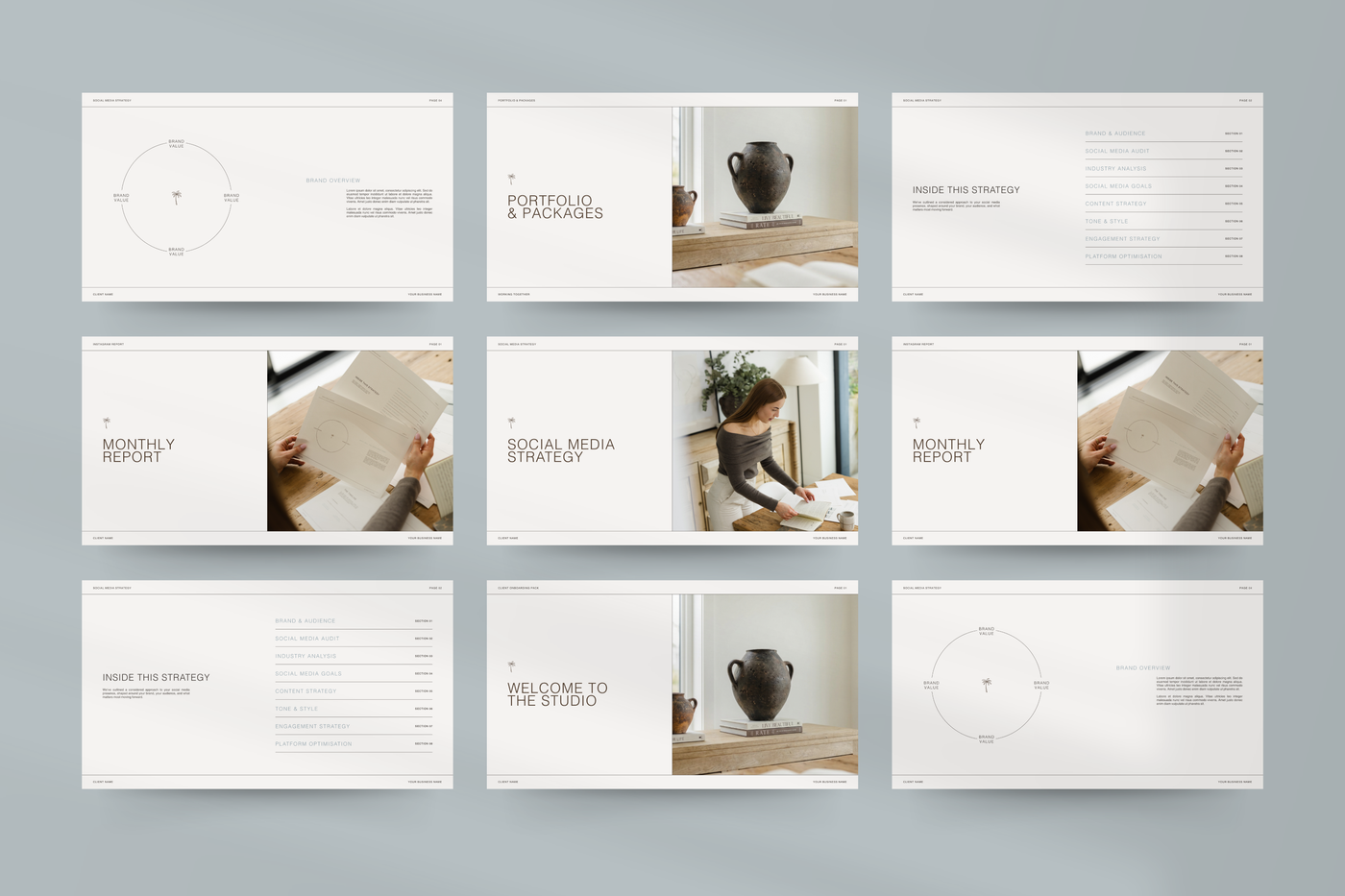 Social Media Manager template designed in Canva, including Strategy, Portfolio, and Instagram Report layouts for SMM Clients.