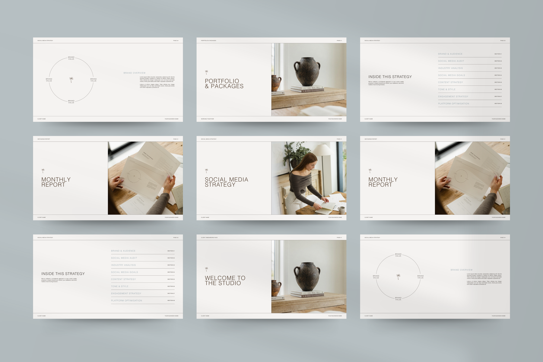 Social Media Manager template designed in Canva, including Strategy, Portfolio, and Instagram Report layouts for SMM Clients.