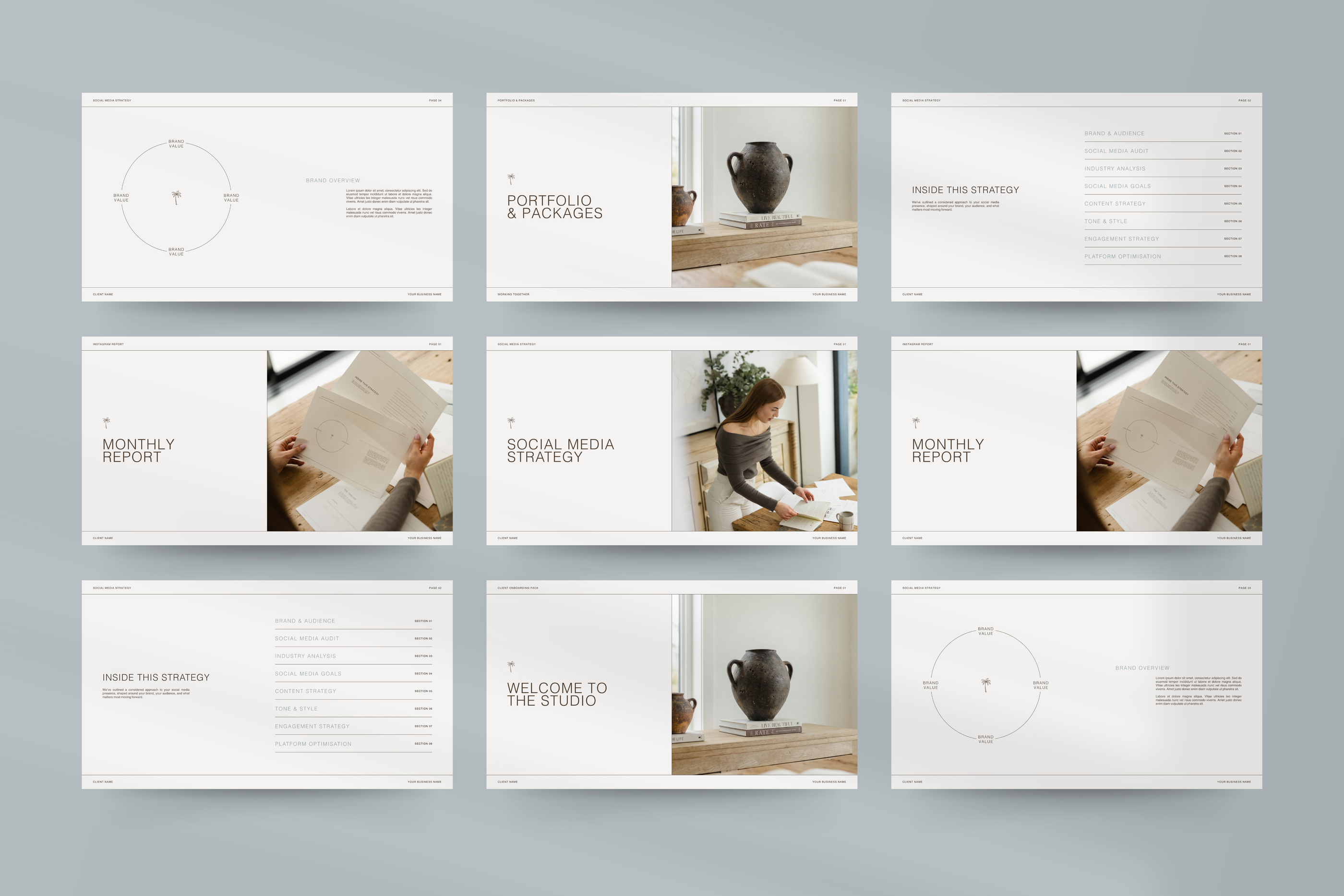 Social Media Manager template designed in Canva, including Strategy, Portfolio, and Instagram Report layouts for SMM Clients.