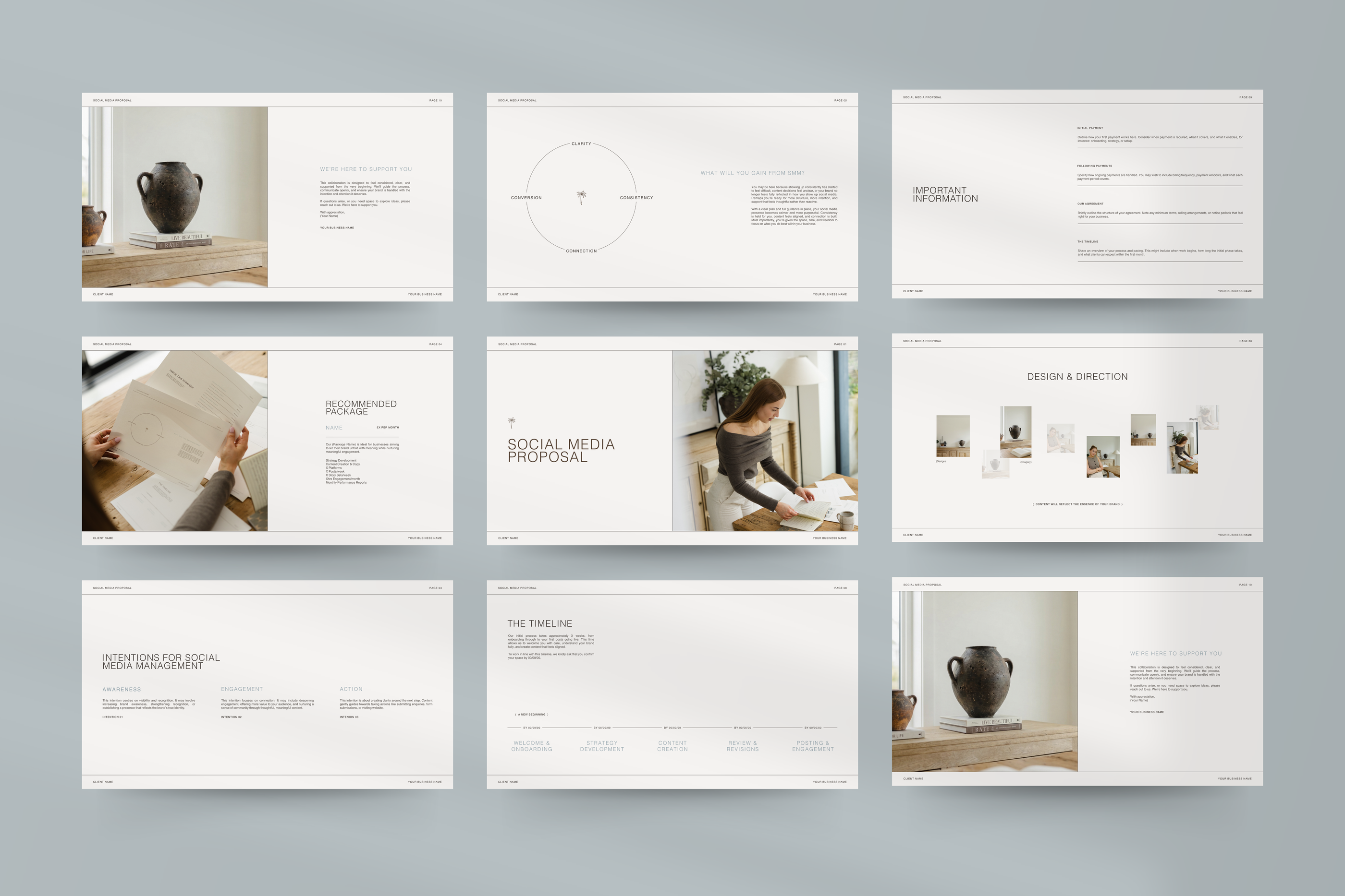 Social Media Manager template designed in Canva, including Strategy, Portfolio, and Instagram Report layouts for SMM Clients.