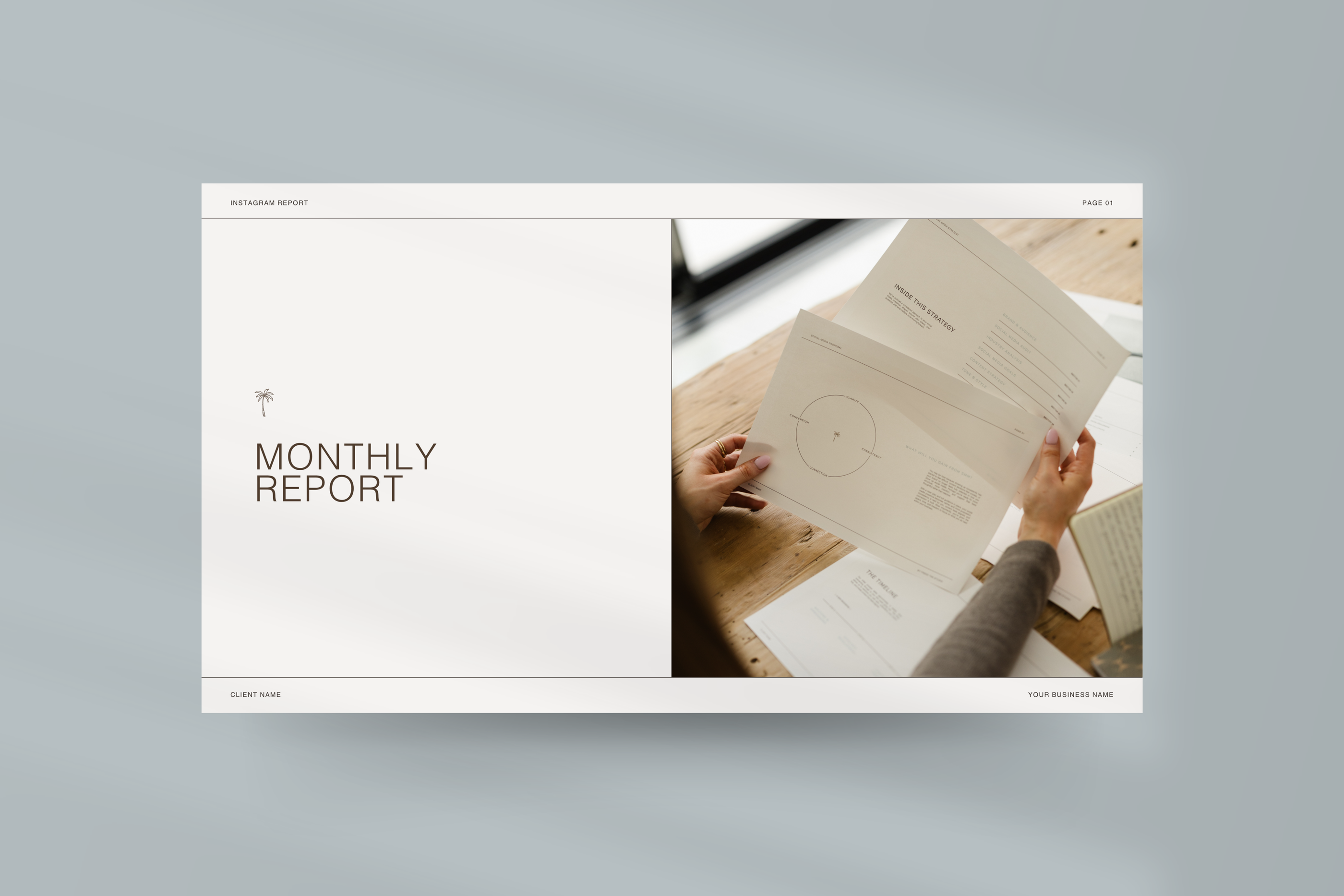 Social Media Manager template designed in Canva, including Strategy, Portfolio, and Instagram Report layouts for SMM Clients.