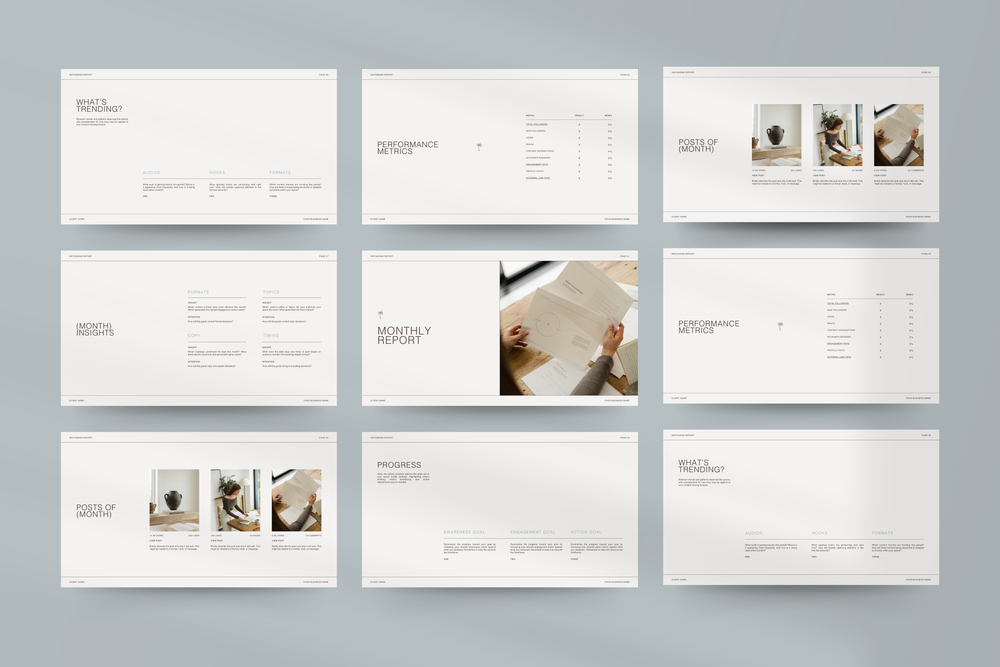 Social Media Manager template designed in Canva, including Strategy, Portfolio, and Instagram Report layouts for SMM Clients.
