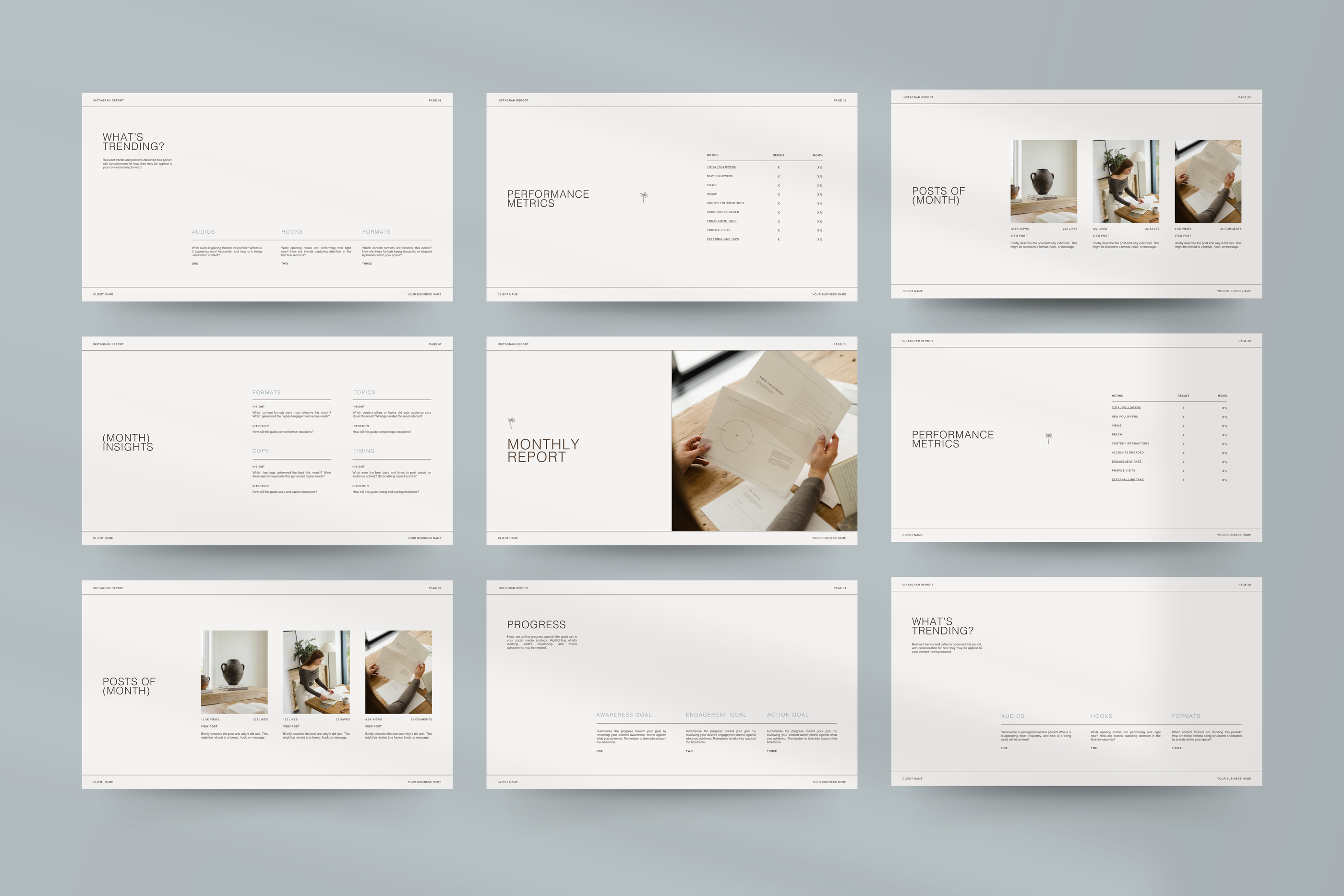 Social Media Manager template designed in Canva, including Strategy, Portfolio, and Instagram Report layouts for SMM Clients.
