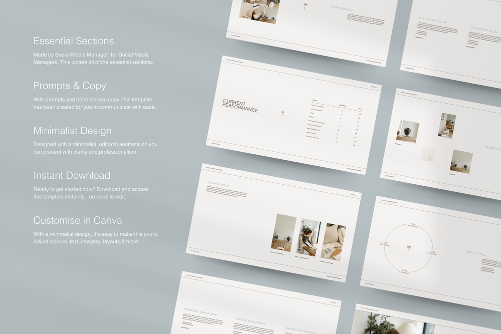 Social Media Manager template designed in Canva, including Strategy, Portfolio, and Instagram Report layouts for SMM Clients